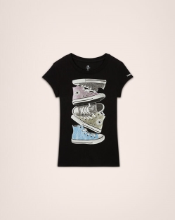 Camisetas Converse Shiny Sneaker Stack Sleeve Para Niña - Negras | Spain-8341